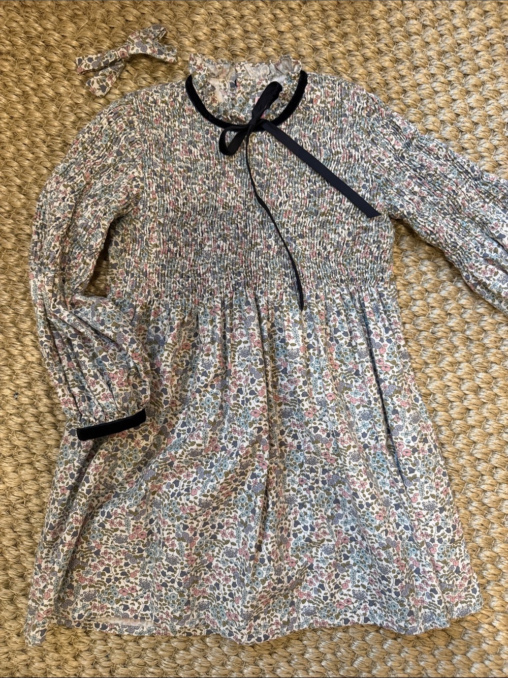 Girls Floral Smocked Long-Sleeve Dress with Velvet Bow - Pink & Blue Floral